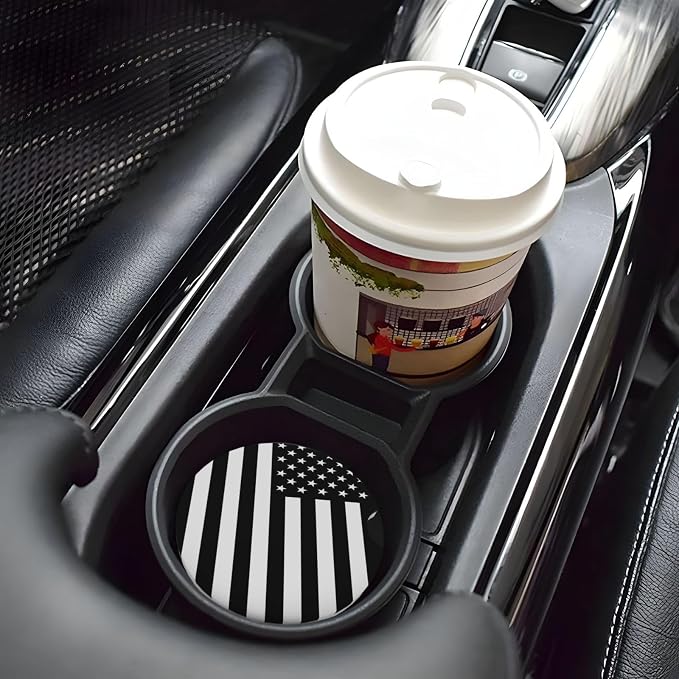 Black White American Flag Absorbent Ceramic Car Coasters 2 Pack Round Insert Cupholder Coaster Car Cup Holder Mat with Finger Notch Anti-Slip Cork Base Reusable Drink Coasters 2.56 in