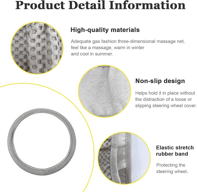 Kewucn Car Elastic Stretch Steering Wheel Cover, Soft Microfiber Breathable Ice Silk, Universal 15 Inch Anti-Slip Auto Steering Wheel Protector, Fit Car, SUV, Van, Sedan, Truck (Gray)