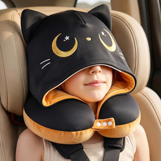 Certified to ASTM & CPSIA Standards–Kids Travel Neck Pillow with Hood,Memory Foam Airplane Pillow,Double-Sided, Cute Design, Cooling Ice Silk & Soft Plush, Adjustable, Portable & Washable for Flights
