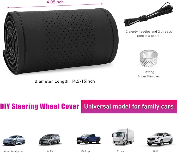 Ziciner Genuine Leather Steering Wheel Cover, Stitch on Wrap, Breathable Anti-Slip Car Steering Wheel Protector for Max Diameter 15 Inch, DIY Sewing with Needles Thread (Black, Middle Hole)