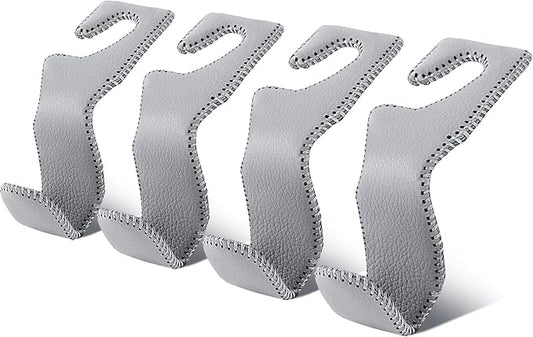 EldHus Car Seat Hooks for Purses and Bags, 4 Pack Car Purse Holder for Grocery Bag Handbag Clothes, Metal Headrest Hooks Covered by Leather, Gray