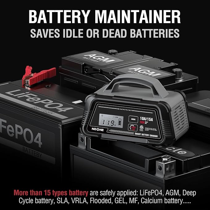 NOONE 10A/15A Smart Battery Charger - 6V/12V Fully Automatic Maintainer | with 50A Engine Start, Auto Repair & Desulfation with Overheat Protection - Compatible with Lead-Acid, AGM, LiFePO4 Batteries