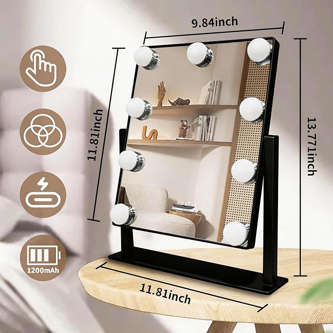 Makeup Vanity Mirror with LED Lights Makeup Mirror Detachable 10X Magnification, Hollywood Make Up Mirror with Lighting, Smart Touch, Rechargeable,360° Rotation, Black 13.77"x 11.81"
