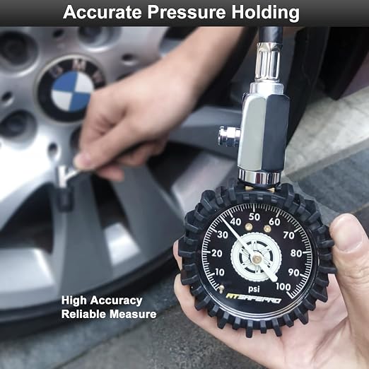 Tire Pressure Gauge 100psi Glow in The Dark, ATsafepro 2.5” Dial Mechanical Tire Gauges for Tire Pressure, Certificated Accuracy Analog Air Pressure Gauge for Cars, Trucks, Bicycles.