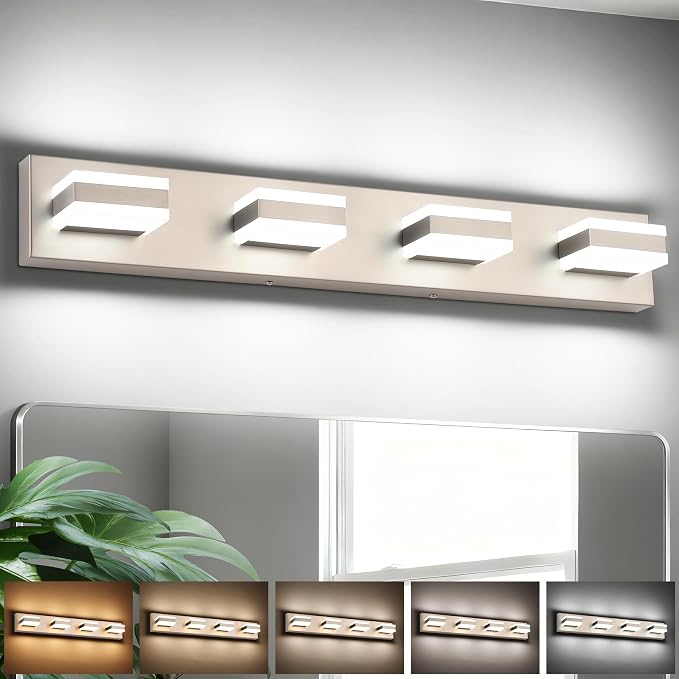 SOLFART Bathroom Light Fixtures Brushed Nickel Vanity Lights for Bathroom Above Mirror, 4 Light Led Lighting Fixture, Nickel Vanity Light,5 Color Temperature Adjustable Light Over Mirror ETL Listed