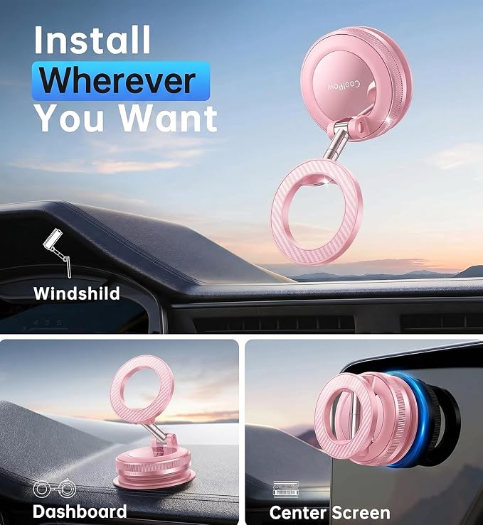 Coolpow【Newest Vacuum Magnetic Phone Holder for Car Phone Holder Mount【Movable Vacuum Suction】 Magsafe Car Mount Cell Phone Holders for Your Car Accessories for Women Men for iPhone 17 16-Light Pink
