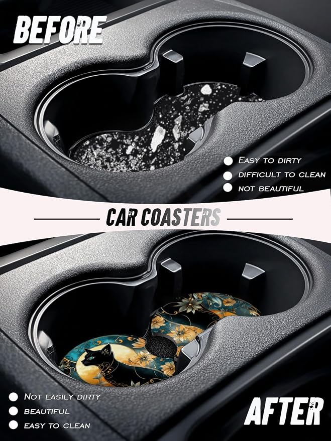 Car Cup Coasters,2 Pack Car Coaster,2.75inch Anti Slip and Absorbent Cars Coasters for Cup Holders,Neopren Accessories for Women,Cute Decor for Women (Egyptian Cat)