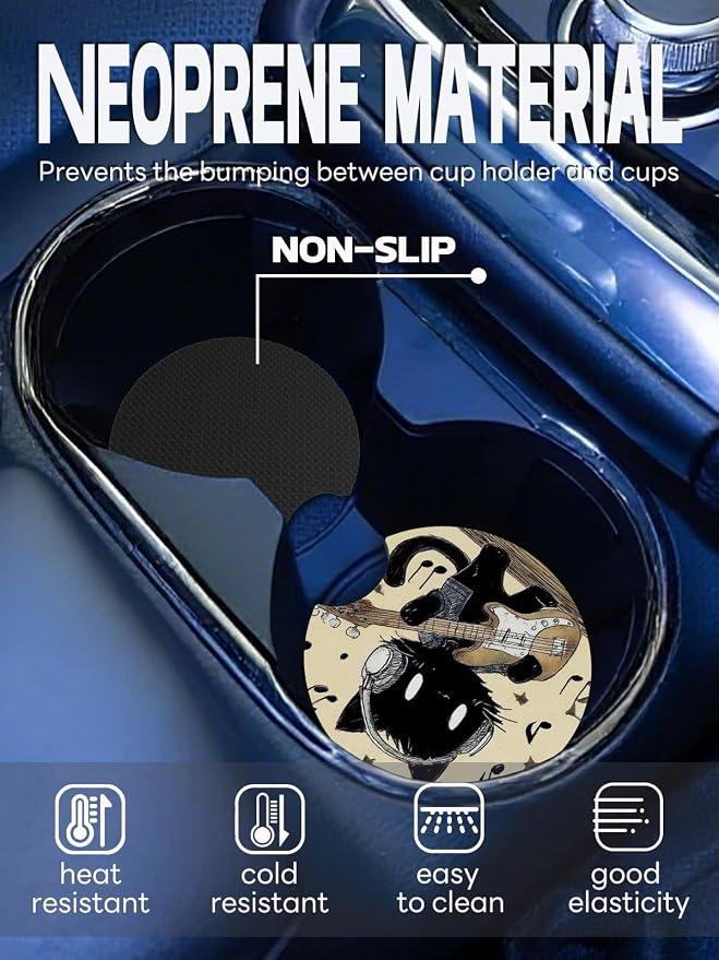 WOCOCN Car Coasters,Cup Holder Coasters for Car,2.75inch Anti Slip and Absorbent,Cute Automotive Interior Accessories for Cup Holder,Pack of 2 (Guitar Black Cat)