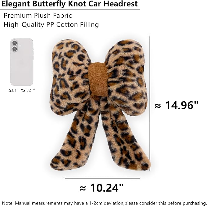 Car Neck Pillow Plush Bowknot Car Headrest Pillow Comfortable Neck Support for Driving Soft Touch Fabric Car Pillow Cute Interior Decor (Leopard-1Pcs)