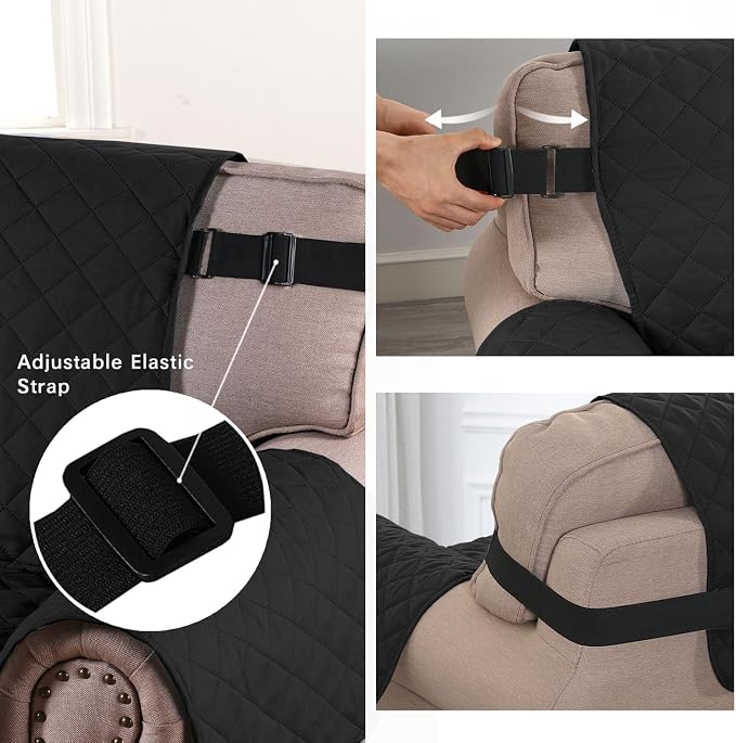 H.VERSAILTEX Reversible Quilted Loveseat Cover Water Resistant Loveseat Slipcover Washable Couch Cover with Non Slip Elastic Strap Furniture Protector for Kids(Oversized Loveseat, Black/Grey)