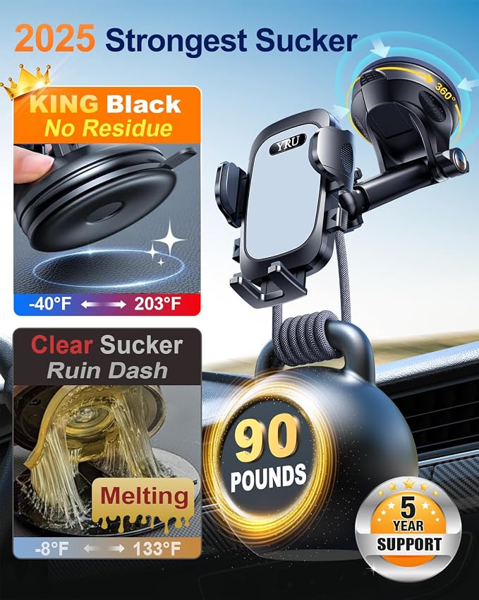 YRU True Military-Grade [360° Rotation Suction] 2026 Ultimate Car Phone Holder Mount【90+LBS Safest Strongest & Patent Certs】 Dash Windshield for iPhone 17 16 Pro Max Speakerphones, Light Gray