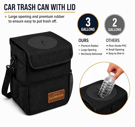 Car Trash Can Premium 3-Gallon Waterproof with Lid, Foldable Leakproof Auto Garbage Bin Organizer with Adjustable Strap, Reflective Interior & Mesh Storage Pockets (Black)