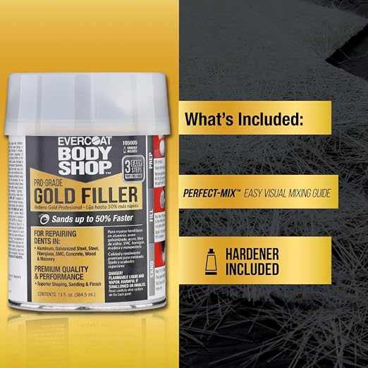 Evercoat Body Shop 105005 Pro-Grade Gold Filler Sands up to 50% Faster, Multipurpose for Dents in Aluminum, Fiberglass & More, Easy Mix Hardener Included 13 Fl Oz.