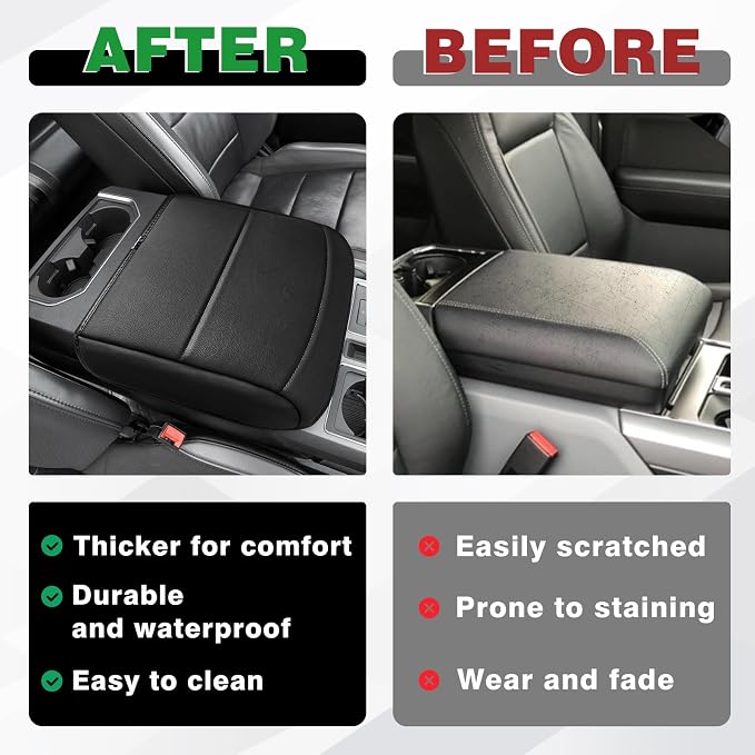 Muslogy Center Console Armrest Cover Fit for Ford F150 2021-2025 2026 Accessories, Comfort Armrest Pad Console Lid Cushion Vegan Leather Regular Thick(Bucket Seat ONLY)