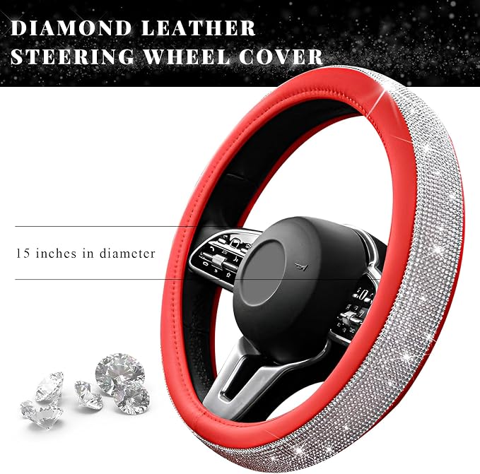 Diamond Leather Steering Wheel Cover, 15 Inch Bling Crystal Rhinestone Anti-Slip Wheel Protector, Universal Sparkling Elegant Diamond Steering Wheels Cover for Women Girl (White&Red)