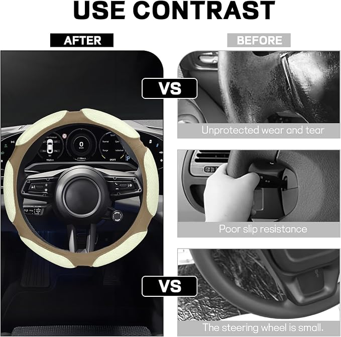 Wuyaoyao Car Steering Wheel Cover, 15 Inch PU Leather Anti-Slip Steering Wheel Covers Protector with Soft Hand Pad Cushion, Breathable & Comfortable, Universal Interior Car Accessories (Beige)