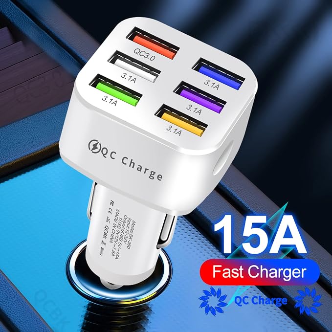 Amiss Car Charger Adapter, 6 USB Multi Port, Fast Charger, Include QC 3.0 and 5 Other Ports, Car Interior Accessories, Fit for iPhone 17/16/15/14/13Pro Max, Samsung, Android (White 1pc)