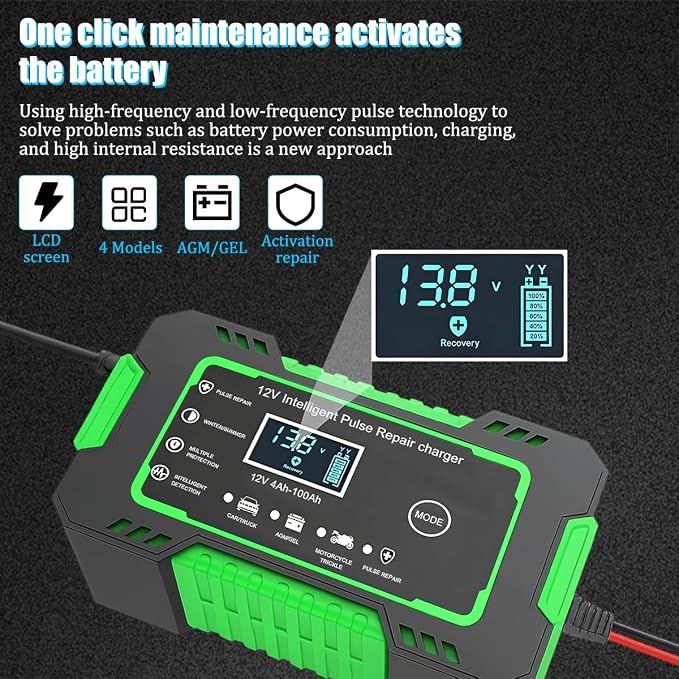 Car Battery Charger, 12V 6A Smart Fully Trickle Vehicle Battery Charger & Desulfator with Temperature Compensation, Portable Automotive Power Maintainer, Universal Fit (Green)