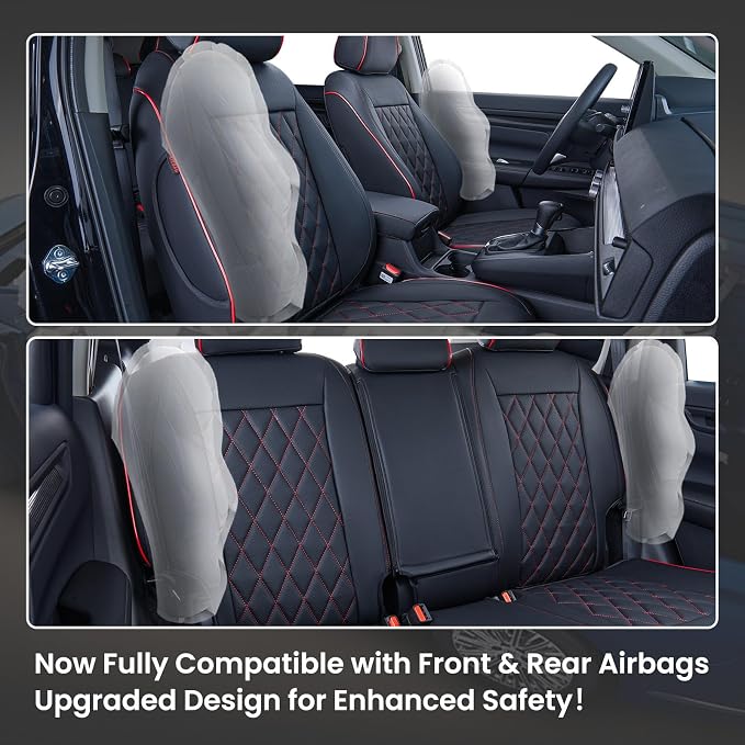 EKR Car Seat Covers for Honda CRV 2023-2026 Leatherette Full Set | Custom Fit for Honda CRV 2023 2024 2025 2026 Easy-Wipe Protection,Faux Leather(Black with Red Piping)