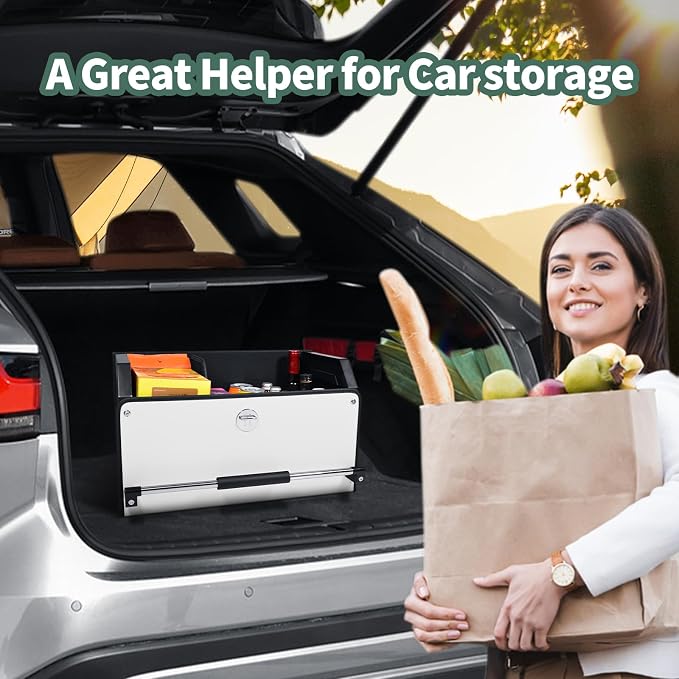 Trunk Organizer for Car with Lid Leather Trunk Organizer Car Organizer | SUV Trunk Organizer with Push-pull Handle Car Trunk Storage Organizer for Minivan, Truck, Sedan (White, 20.47x11.42x12.2in)