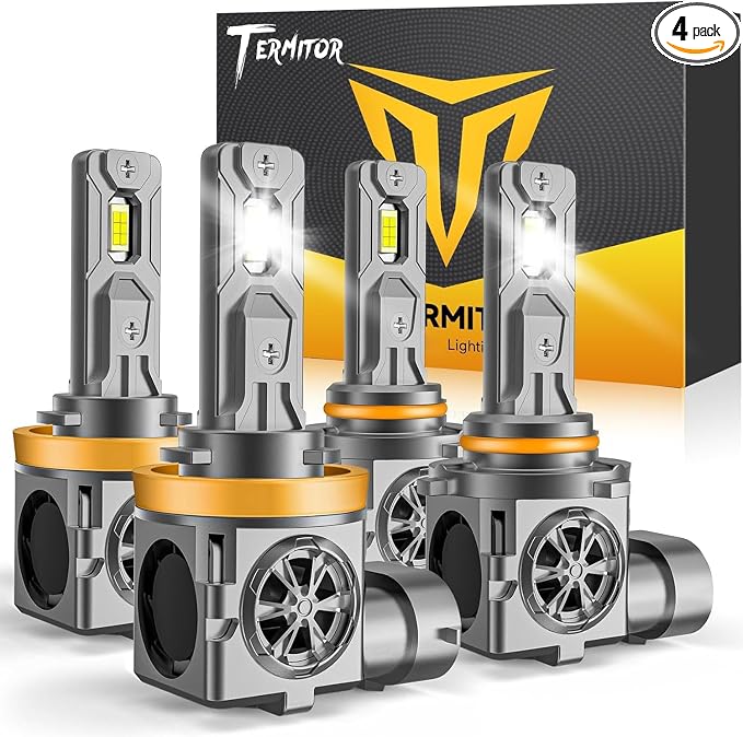 Termitor H11/H9 & 9005/HB3 Light Bulb Combo, 100,000LM 800% Brighter 6500K | 1:1 OEM Size, Long Lifespan, Easy Setup, H11 9005 Light for UTV ATV Offroad Vehicles & Fog Use, Pack of 4