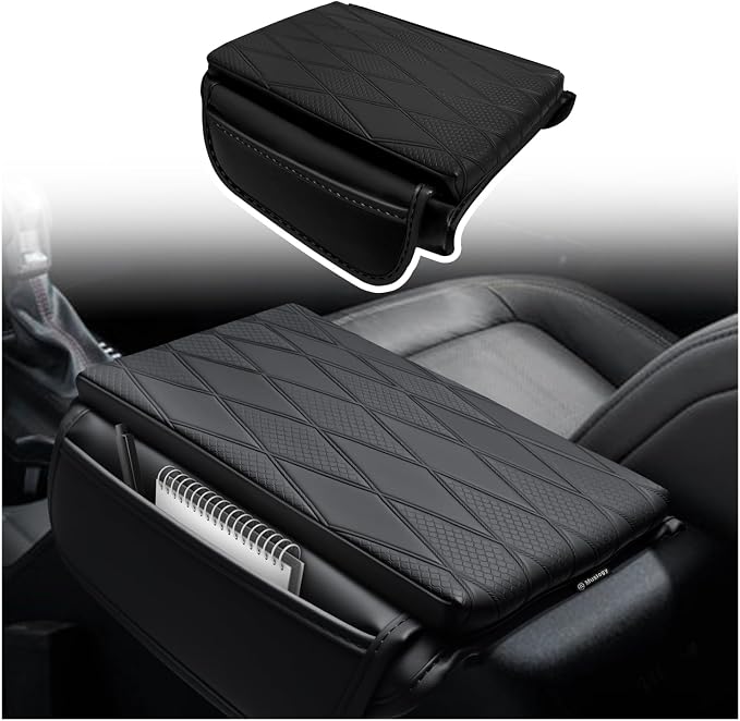 Muslogy Center Console Armrest Cover Fit for Ford Bronco 2021 2022 2023 2024 2025 2026 Accessories, Comfort Armrest Pad Console Lid Cushion Vegan Leather 1-Inch Extra Thick (V2 Diamond Pattern)