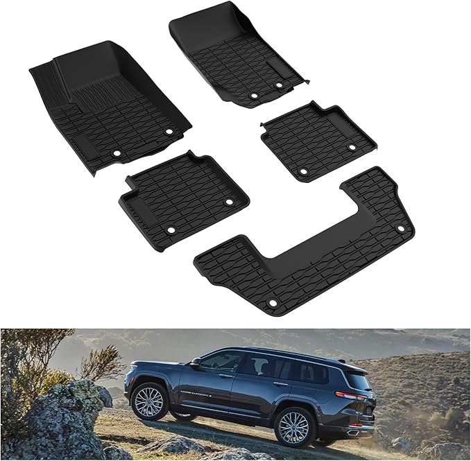 Kiwi Master Floor Mats for 2021-2026 Jeep Grand Cherokee L | OEM Replacement 82216640AA, Custom Fit All Weather Car Mats, Heavy Duty TPE Floor Liners, Front & Rear 3 Row Set, Black