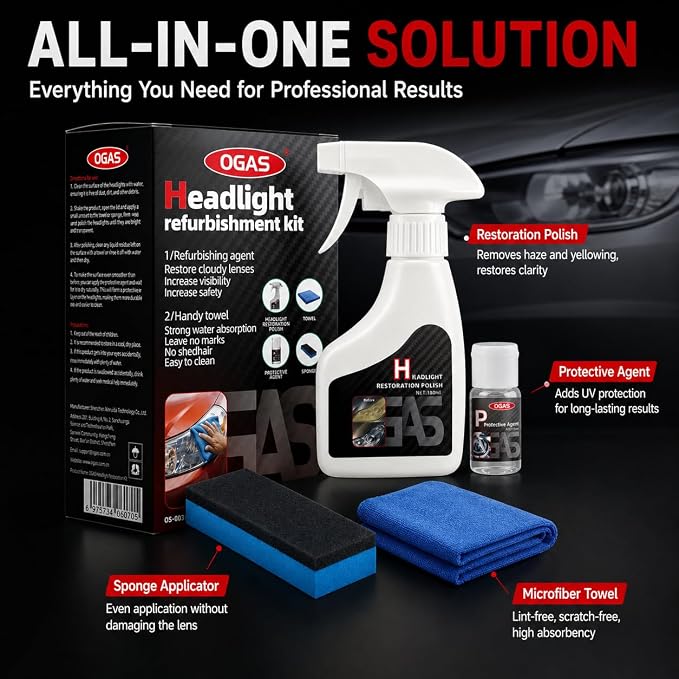 Headlight Restoration Kit, Headlight Cleaner & UV Protectant | Microfiber Towel & Applicator Sponge Included, For Cars Trucks SUVs Motorcycles, Scratch-Free Lens Care