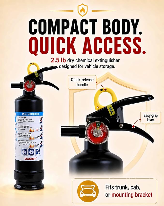 Ougist Car Fire Extinguisher, 1-A:10-B:C, FF1KG, 2.5lb Dry Chemical, 1 Pack | Automotive Multi-Purpose Extinguisher for Small Vehicle Fires In Cars, Trucks and Rvs; Compact Body with Quick-Release Handle