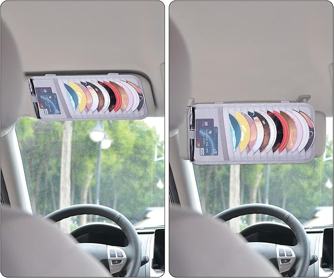 Car CD Case Holder, Wisdompro Vehicle Sun Visor Organizer for Cars with 12 DVD Storage Sleeves, 1 Mesh Pocket, 1 Pen Holder and Elastic Strap, Gray