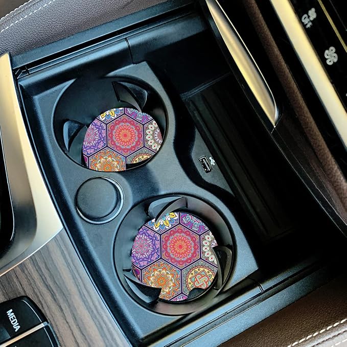 Mandala Ceramic Coasters 2 Pack, 2.56 inch Absorbent - Protect Car Cup Holders & Keep Your Car Clean