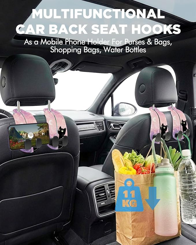 WOCOCN Purse Holder for Car, 2 Pack Heavy Duty Purse Hanger for Car, PU Leather Car Seat Hooks for Purses and Bags, Cute Pink Starry Sky Cat Headrest Organizer for Handbags & Backpacks