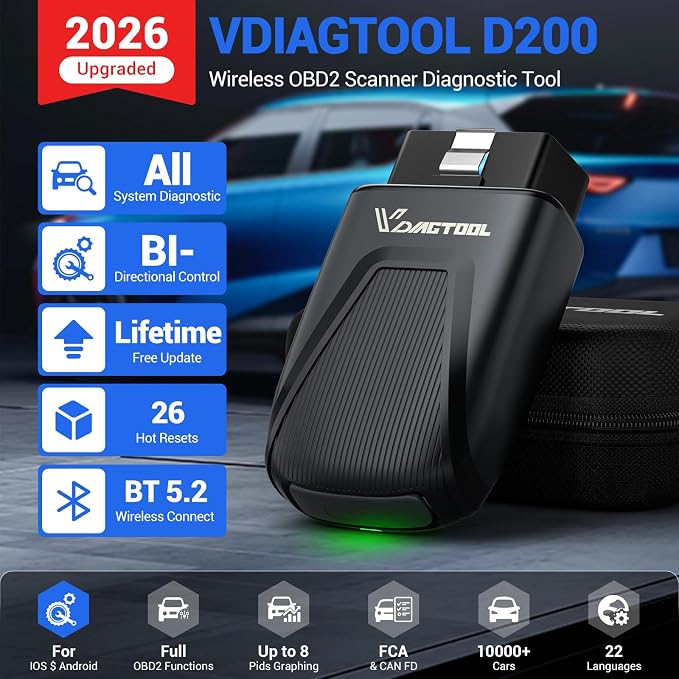 VDIAGTOOL D200 Bidirectional OBD2 Scanner, Bluetooth Car Diagnostic Scan Tool, Full System Diagnosis, 26 Resets (49+ Upgradeable), Lifetime Free Updates, CAN-FD & FCA AutoAuth for iOS & Android
