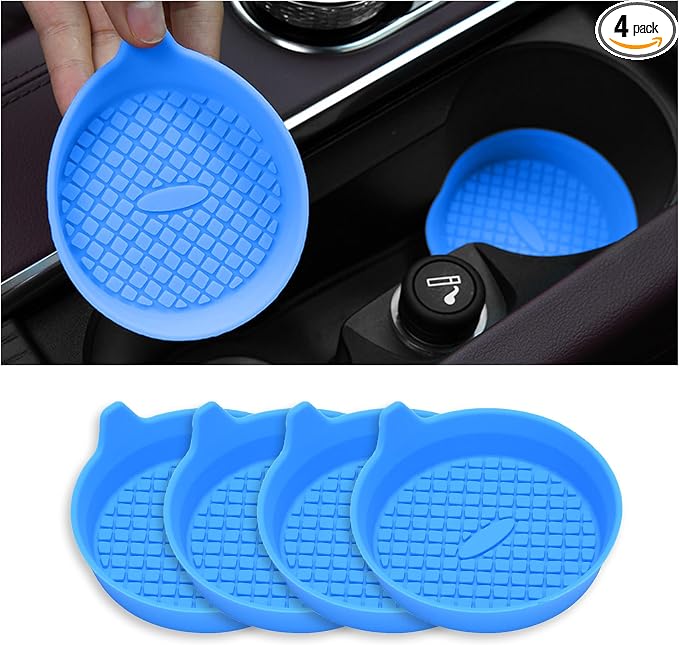 4 Pack Car Cup Coasters, Silicone Insert Recessed Car Cup Holder Coasters, Waterproof Non-Slip Sift-Proof Car Cup Mats, Universal Car Interior Accessories (Light Blue)