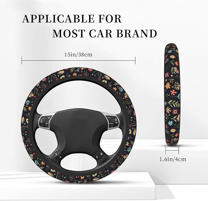 Watercolor Cute Floral Elastic Steering Wheel Cover Non-Slip Breathable Steering Wheel Protector Fit Auto, SUVs, Truck