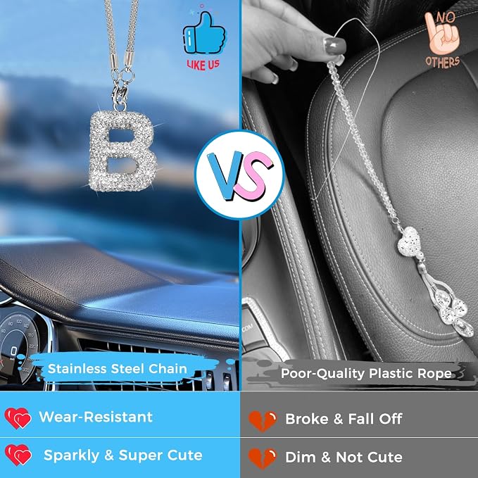 Bling Car Accessories for Women Letter Charm, Rear View Mirror Ornament Cute Hanging Crystal Pendant Girl Car Decorations, Lucky Diamond Rhinestone Girly Charm Interior (White B)