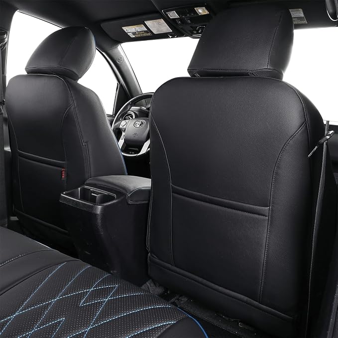 EKR Custom Fit Tacoma Front Car Seat Covers for Toyota Tacoma 2016 2017 2018 2019 2020 2021 2022 2023 Double Cab/Access Cab - Front Row Only, Faux Leather(Black with Blue Trim)