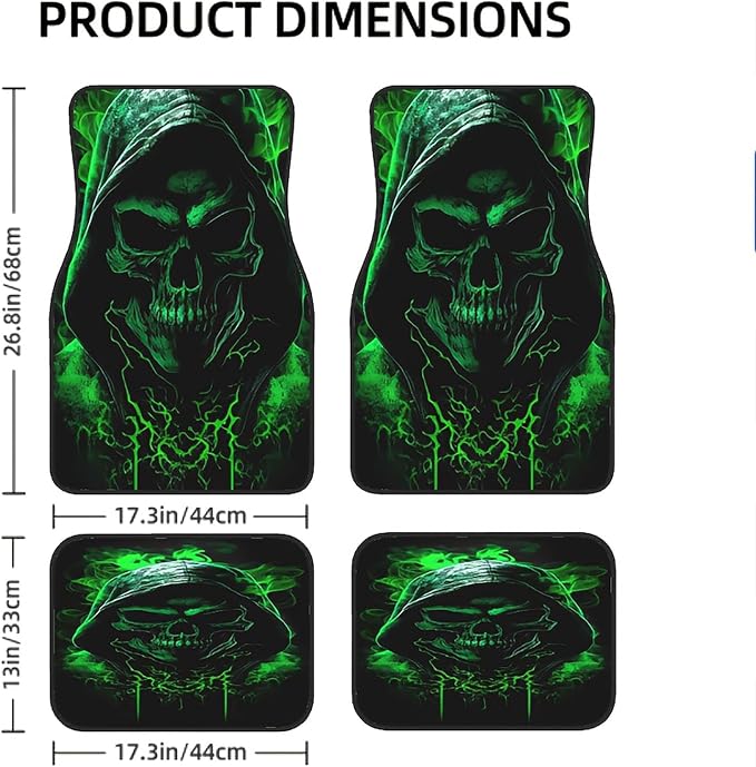 Universal Fit Car Floor Mats Set of 4Pcs, Green Horror Skull All-Weather Front Rear Car Carpet Mats, Non-Slip Car Floor Mat Car Accessories for Automotive Trucks SUV Sedans Vans