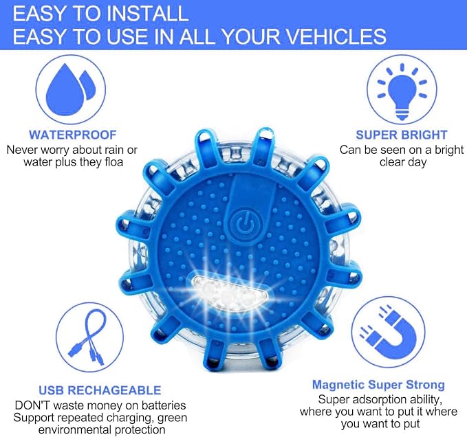 USB-C Rechargeable Blue LED Road Flare 3 Pack,9 Flash Modes Magnetic Waterproof Emergency Warning Light
