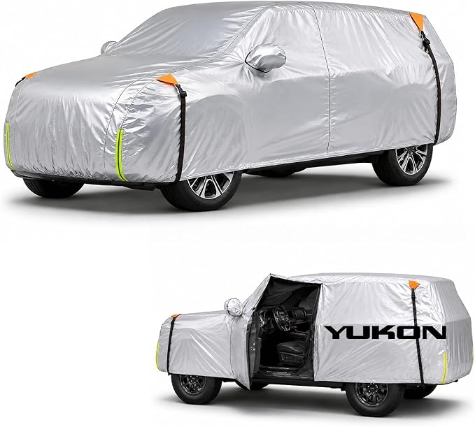 Wigoo Car Cover Compatible with GMC Yukon 2006-2026, Custom Fit Waterproof All Weather Outdoor Indoor Full SUV Cover, Windproof Sun UV Rain Snow Dust Protection, Door Zipper, Reflective Strips