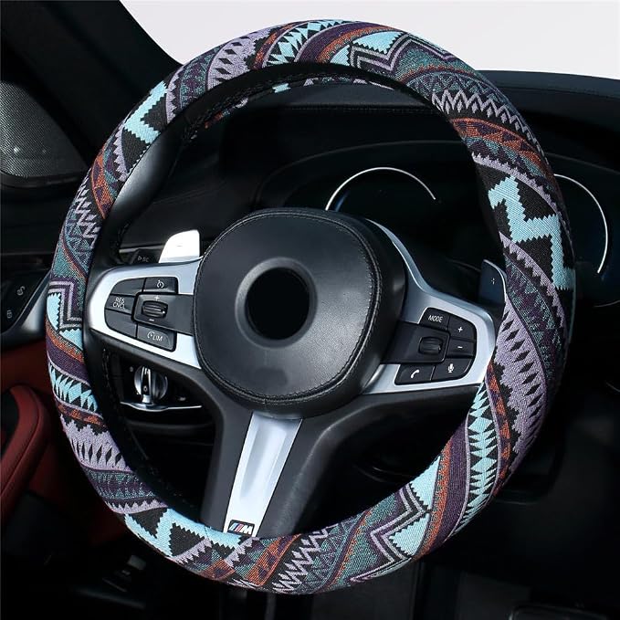 Ethnic Style Coarse Flax Cloth Automotive Steering Wheel Cover Anti Slip and Sweat Absorption Auto Car Wrap Cover (M, 14.5''-15'')