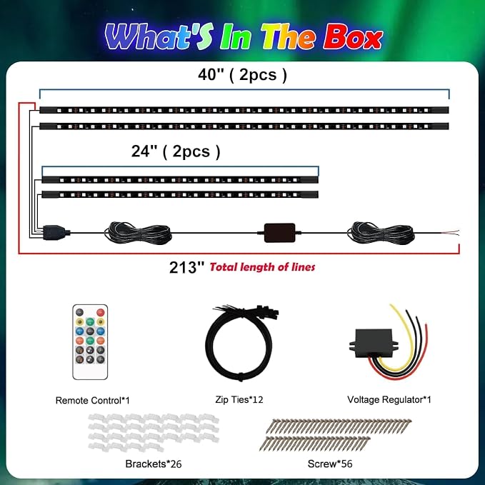 Universal Golf Cart Underbody Light Kit 4PCS, 12V-80V Underglow LED Strip with Bluetooth APP Control,Multicolor RGB,Music Sync Modes,IP68 Waterproof for EZGO Club Car Yamaha(Included Voltage Reducer)