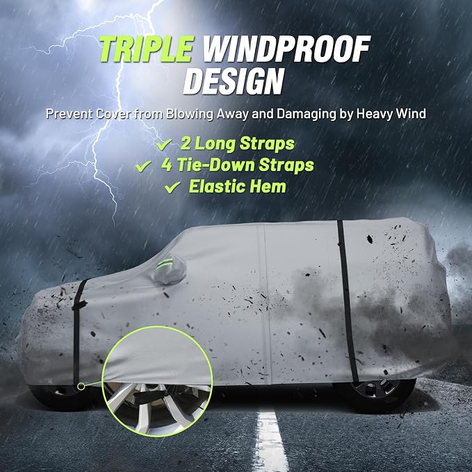Favoto Car Cover All Weather for Jeep Wrangler 2 Door Waterproof | 6 Layers Heavy Duty Outdoor UV Rain Snow Protection with 4 Windproof Straps Zipper Universal Fit for Jeep (167"-177")
