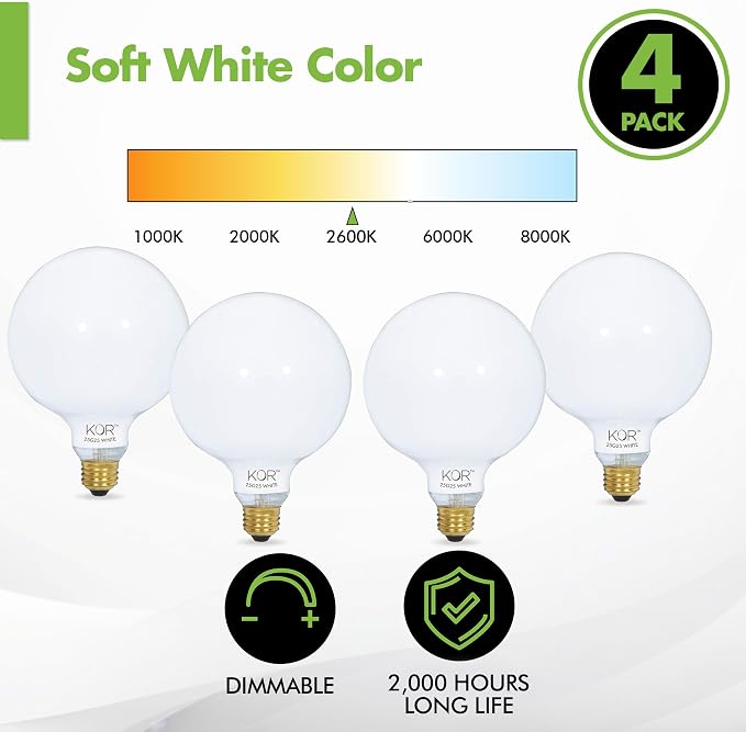 (4 Pack) G25 Incandescent Incandescent Light Bulb 2700K Soft Light, Decorative Globe Light Bulbs,E26 Medium Base, Perfect for Pendant Bathroom/Vanity Mirror Makeup, Dimmable. (White-Finish, 25-Watt)