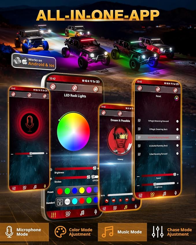 Auxbeam 4-Pod RGB LED Rock Lights with Brake Mode 213° Dual-Side Lighting Dynamic Color Changing Underglow Kit w/Bluetooth APP+Remote Control Music Voice Sync Waterproof for Truck ATV 2 Year Warranty