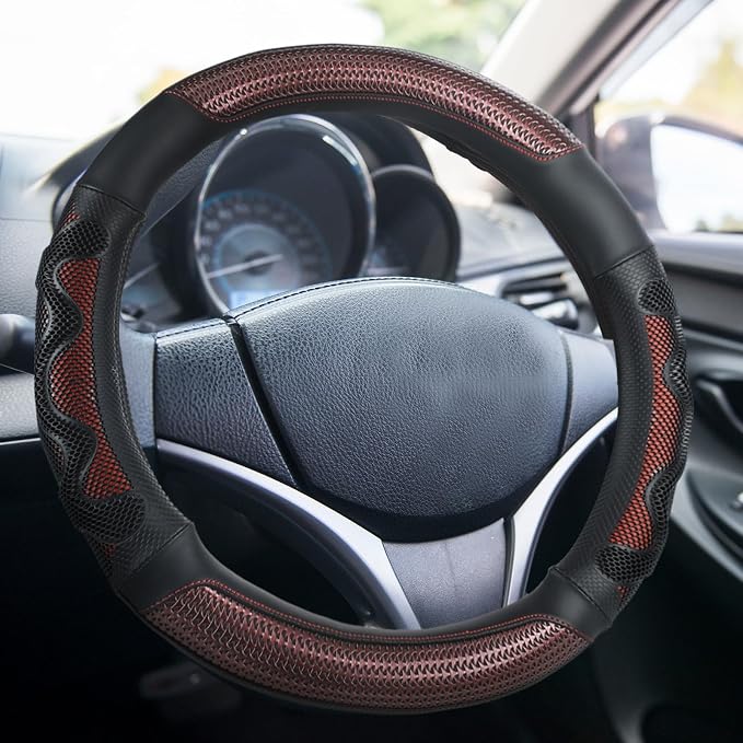 DaisyInner 17.5-18 Inch Steering Wheel Cover for Semi Truck No-Slip & Comfy Grip for Semi Trucks, Rv, Big Rig and 18 Wheelers(Mesh A,Leather,Burgundy)