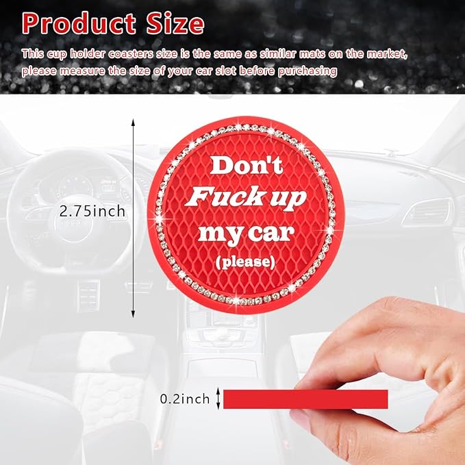Ziciner 2 Pack Bling Car Cup Holder Coasters with Start Stop Button Cover, 2.75 inch Crystal Rhinestone Soft Rubber Auto Cup Insert Pad, Non-Slip Universal Vehicle Interior Accessories (Red)