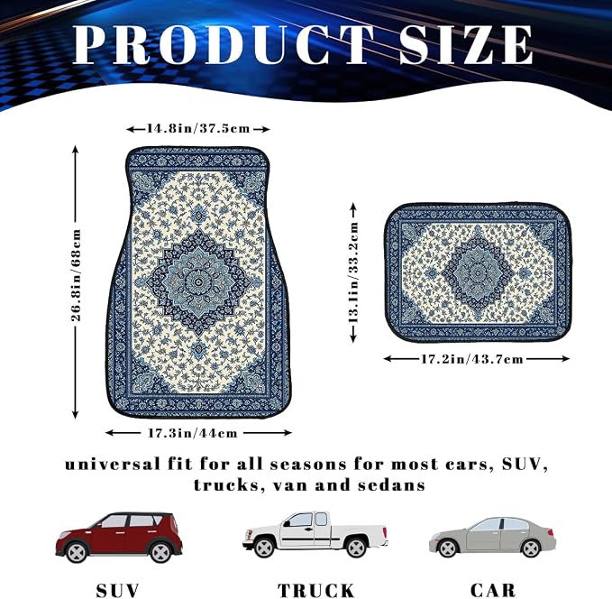 Blue Car Floor Mats Bohemian Floral Carpet Front Rear Carpets Mat Decorative Car Floor Carpets Non-Slip Auto Car Accessories Universal Fit for Car SUV Truck Van