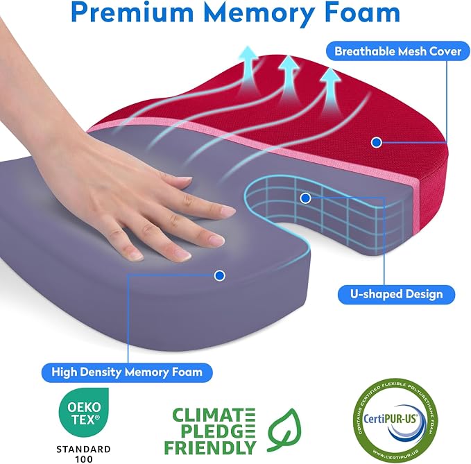 CushZone Seat Cushion, Office Chair Cushions, Car Seat Cushion, Non-Slip Sciatica & Back Coccyx Tailbone Pain Relief Chair Pad, Memory Foam (Red)