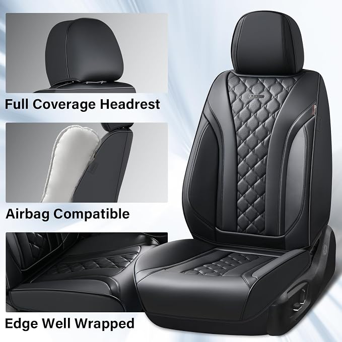 Coverado Leather Seat Covers, Car Seat Covers Full Set, Perforated Diamond Leather Car Seat Cover, Waterproof Car Seat Protector Seat Cushion, Universal 5 Seats Black Seat Cover Fit for Most Cars